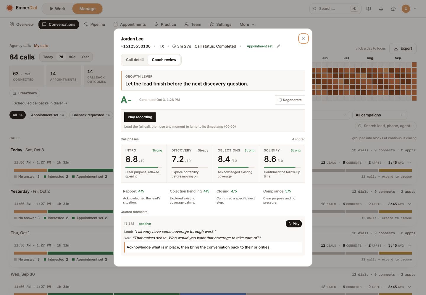 Current EmberDial Coach review with a call grade, phase scores, coaching feedback and quoted moments from an example conversation.