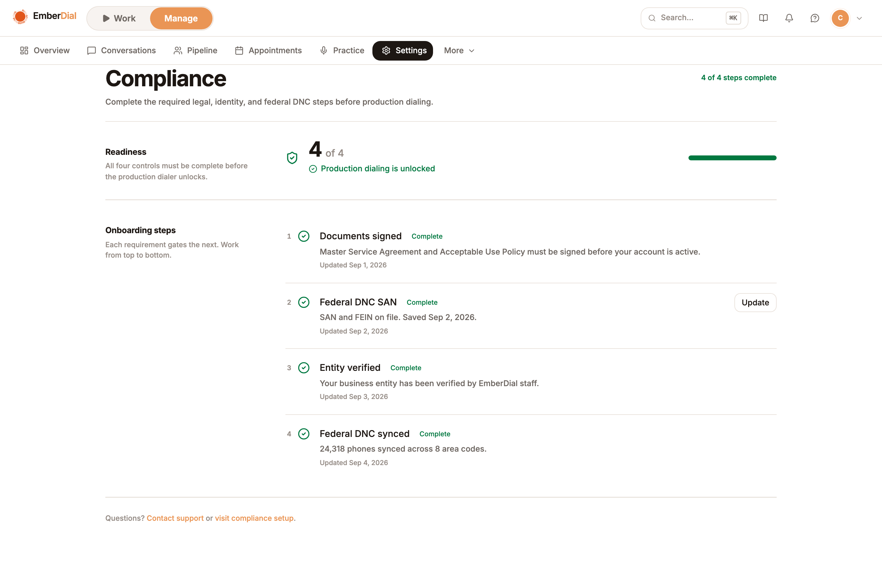 Legal agreements, identity verification, and federal DNC setup in the same workflow.