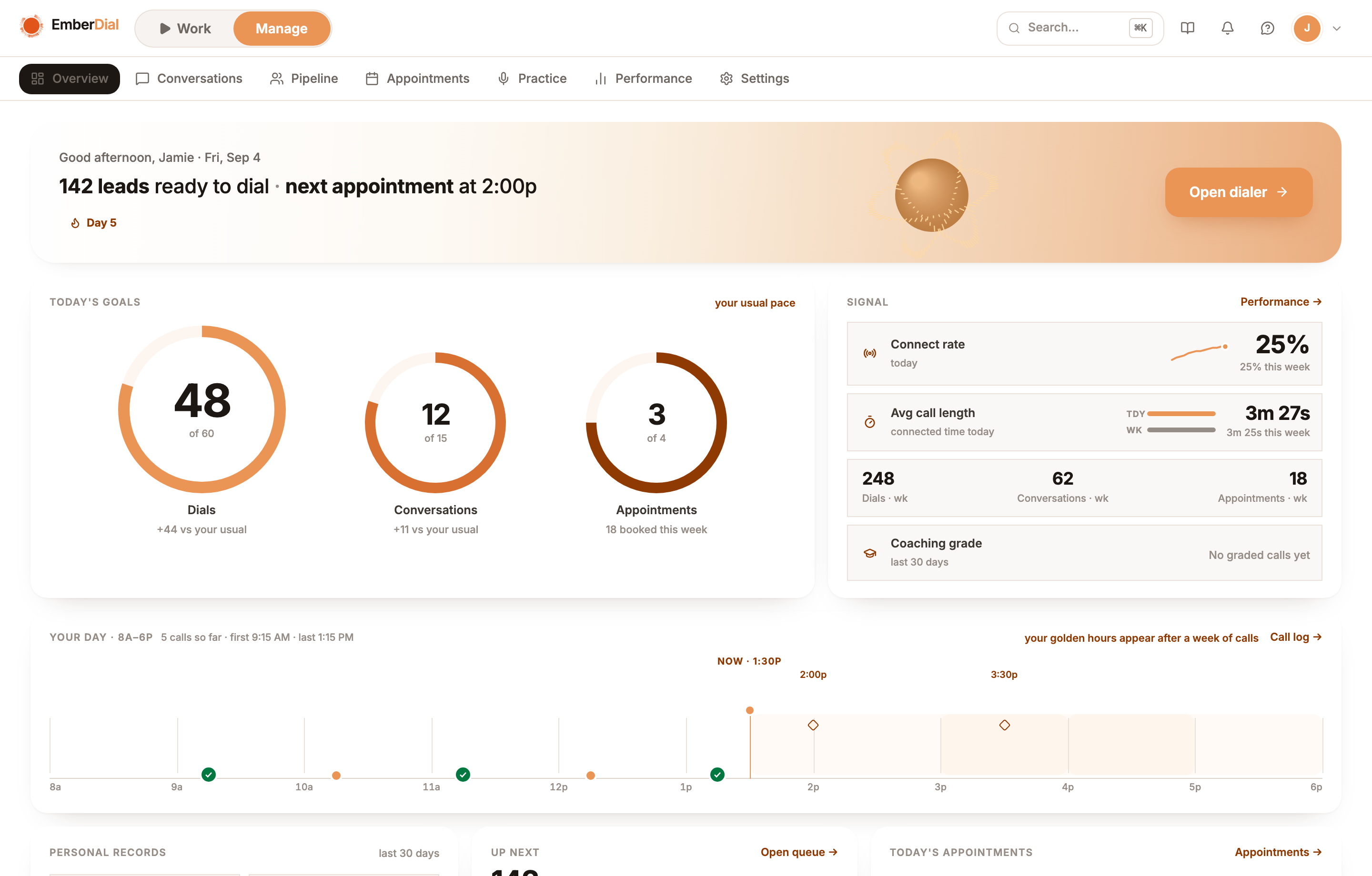EmberDial Overview with progress rings, a daily call timeline, appointments and Agent Assist, populated with sample data.