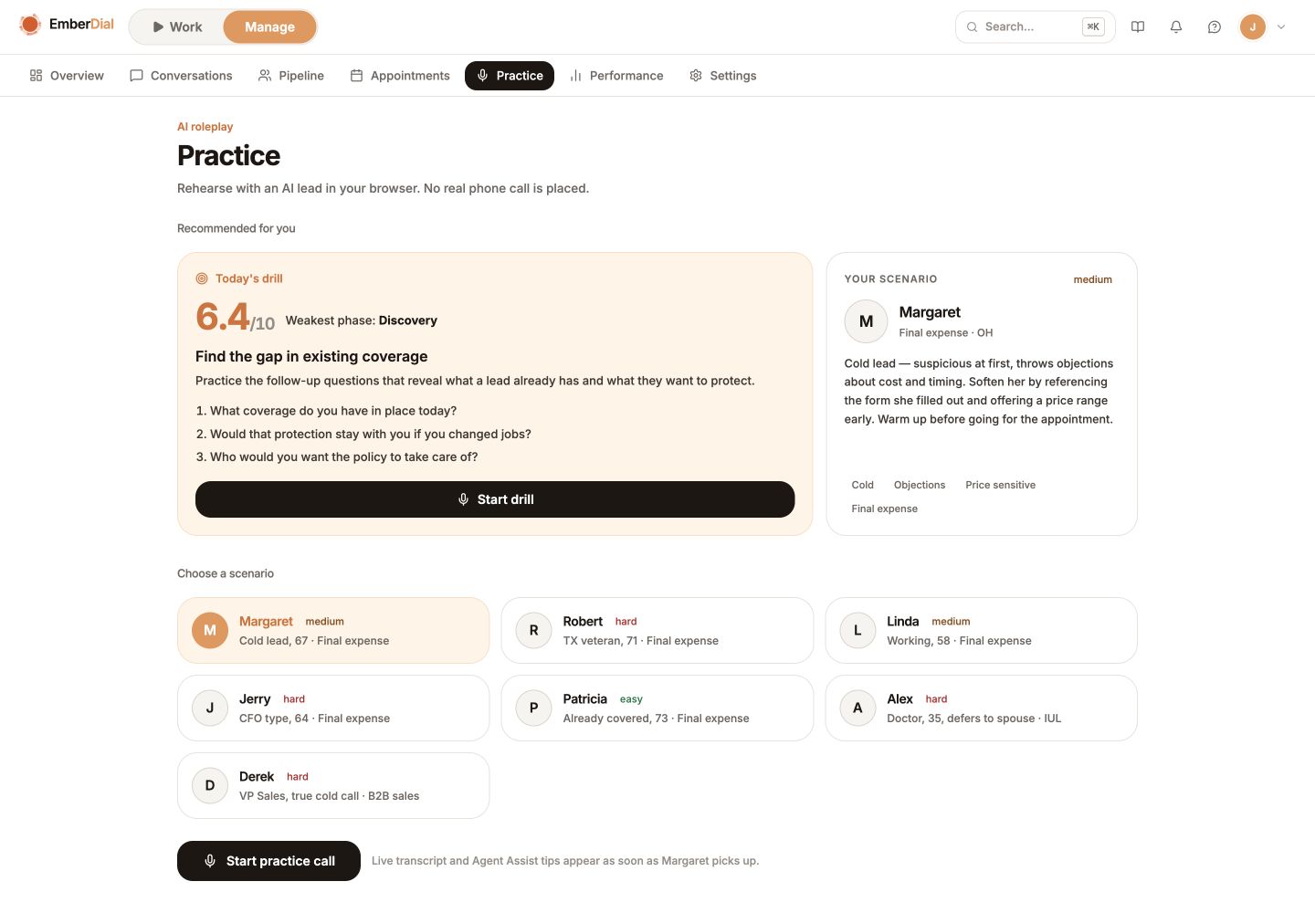 EmberDial Practice Mode with example data: Margaret, a final expense cold lead aged 67, as the selected scenario, a suggested drill, and other scenarios to choose from.