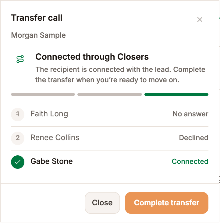 A Relay to Closers: the first closer did not answer, the second declined, the third connected. Example data.