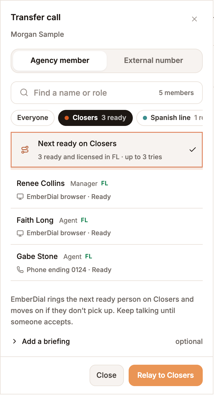 EmberDial transfer picker with the Closers team selected: next ready on Closers, 3 ready and licensed in FL, up to 3 tries. Example data.